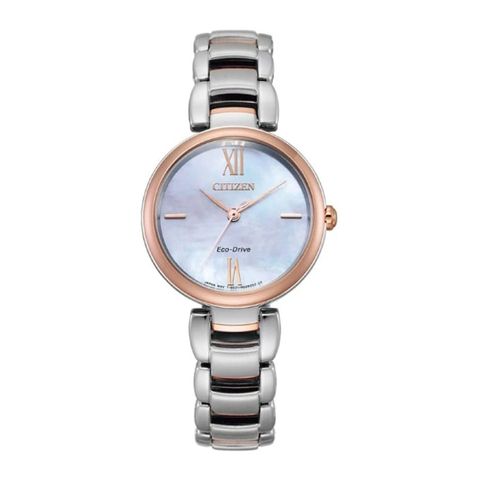 CITIZEN星辰 | L系列 EM0536-84Y | Eco-Drive 銀色錶帶 玫瑰金光動能時尚女錶 正面
