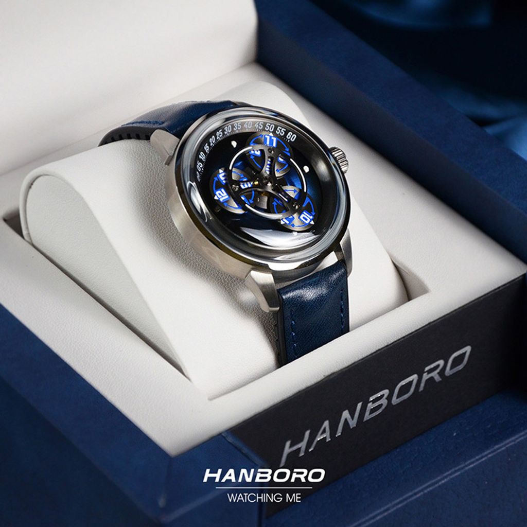 HANBORO | 009SNNL | 星輪腕錶 藍色款銀框 矽膠+皮革錶帶 自動上鍊機械腕錶 實體側面