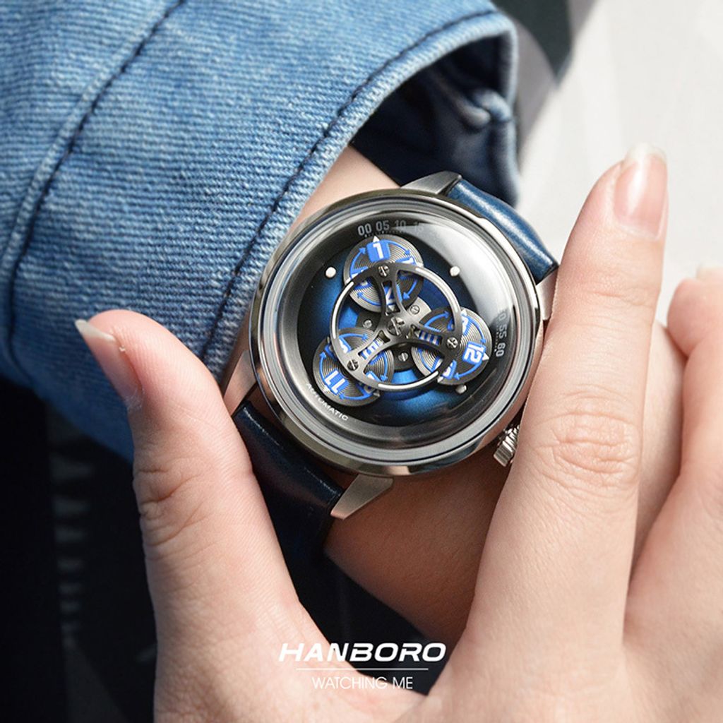 HANBORO | 009SNNL | 星輪腕錶 藍色款銀框 矽膠+皮革錶帶 自動上鍊機械腕錶 實戴細節