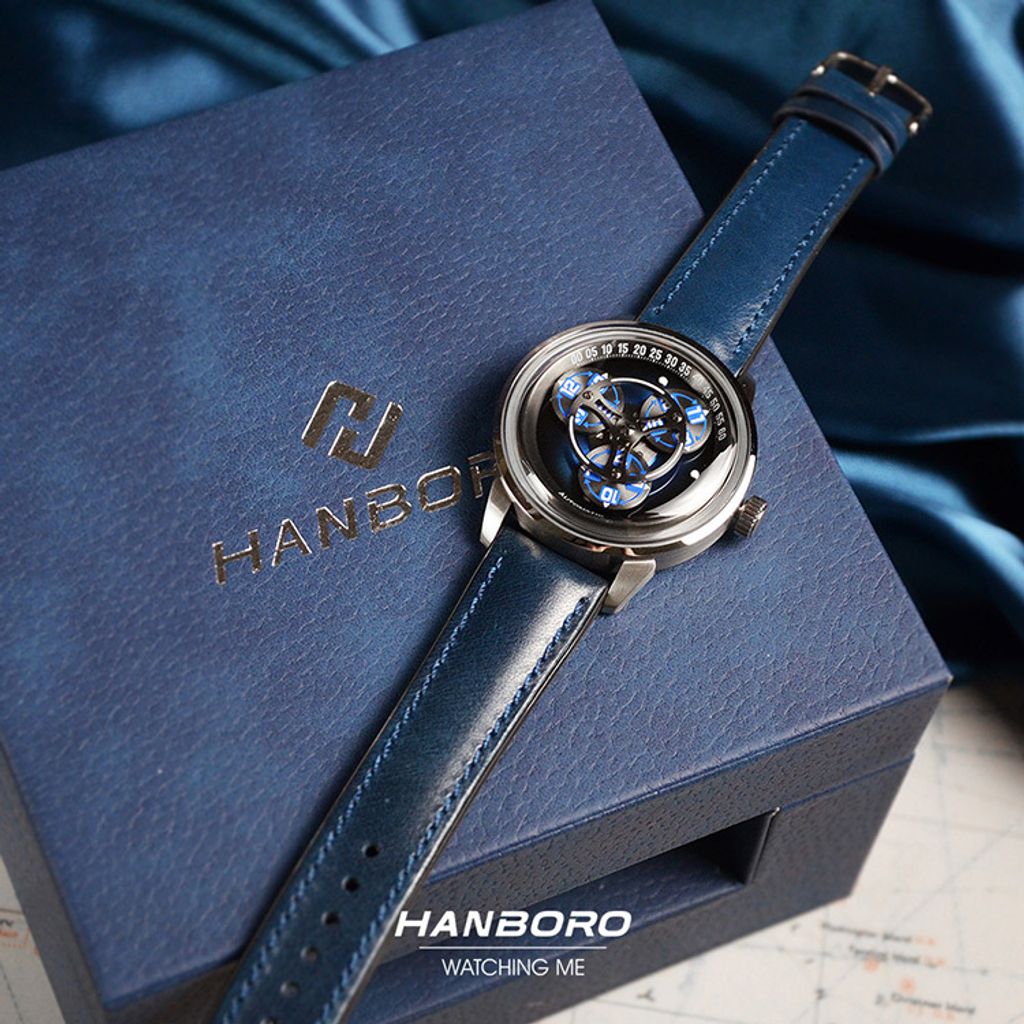 HANBORO | 009SNNL | 星輪腕錶 藍色款銀框 矽膠+皮革錶帶 自動上鍊機械腕錶 平攤展示