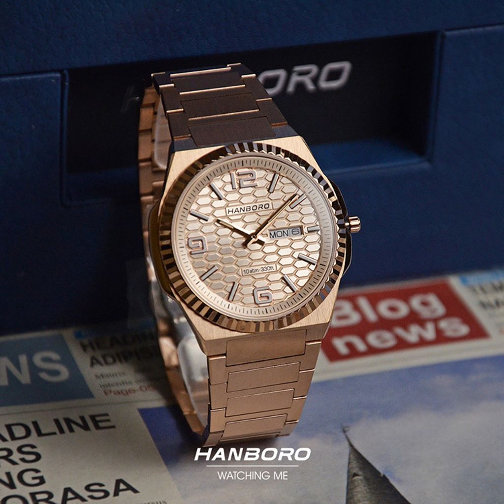 HANBORO | 超薄錶殼系列 014-2RRRS | 玫瑰金八角形錶框 典雅魚鱗紋錶盤 不鏽鋼錶帶 實體整體