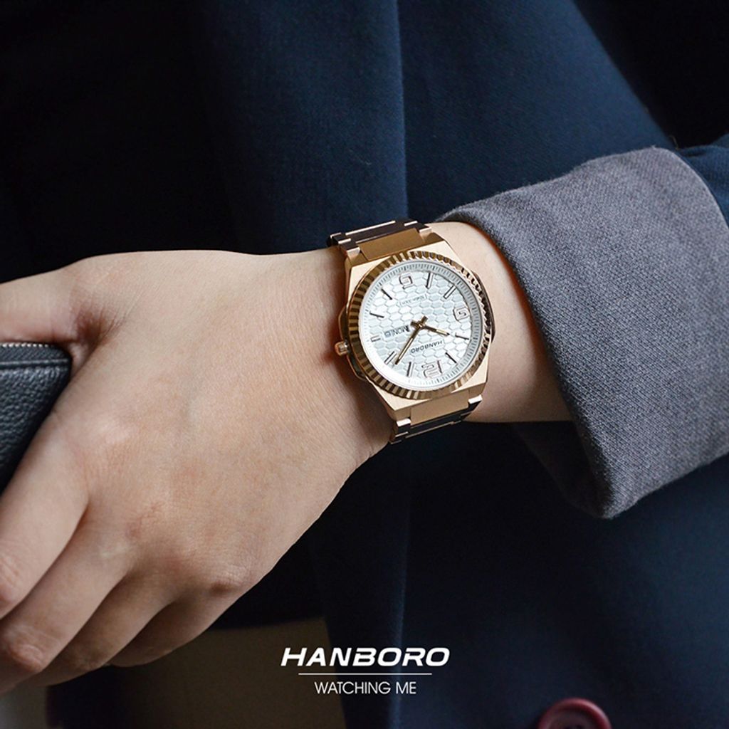 HANBORO | 超薄錶殼系列 014-2RWRS | 玫瑰金八角形錶框 典雅白色魚鱗紋錶盤 不鏽鋼錶帶 實戴展示