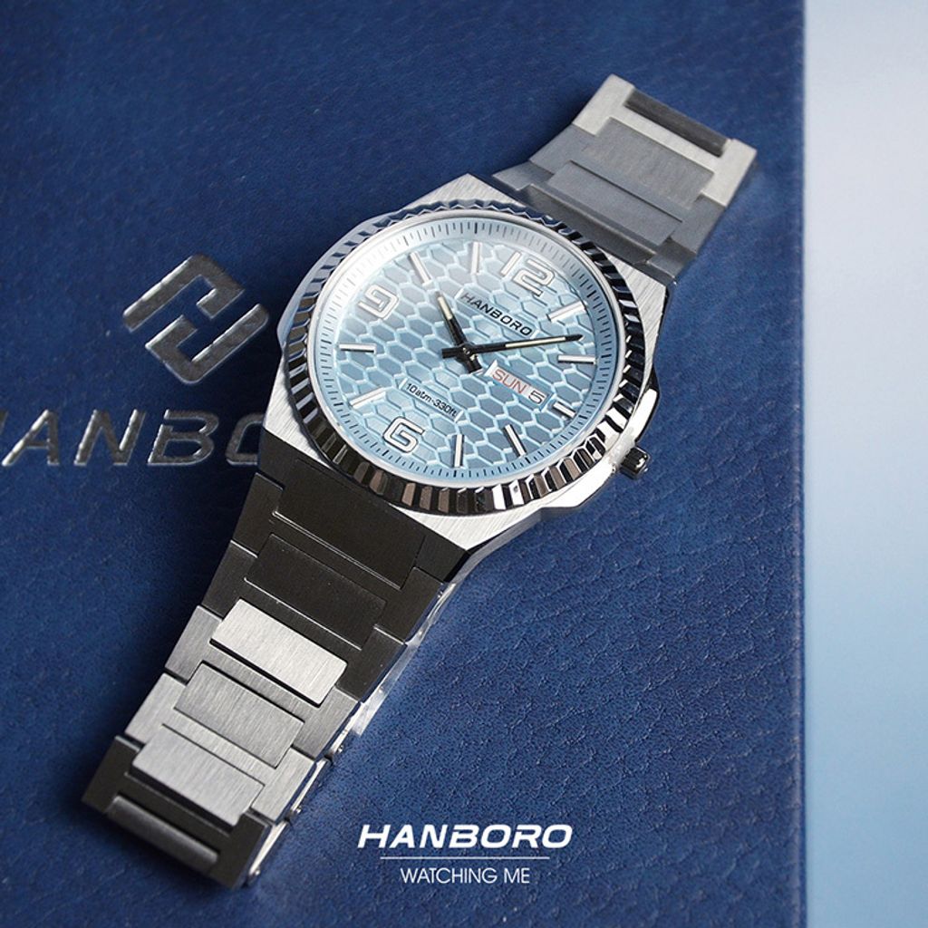 HANBORO | 超薄錶殼系列 014-2SNS | 銀白色八角形錶框 典雅水藍魚鱗紋錶盤 不鏽鋼錶帶 實體錶帶細節