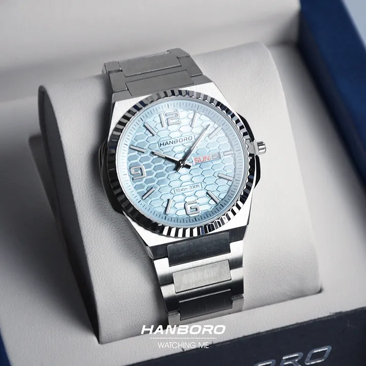 HANBORO | 超薄錶殼系列 014-2SNS | 銀白色八角形錶框 典雅水藍魚鱗紋錶盤 不鏽鋼錶帶 實體正面
