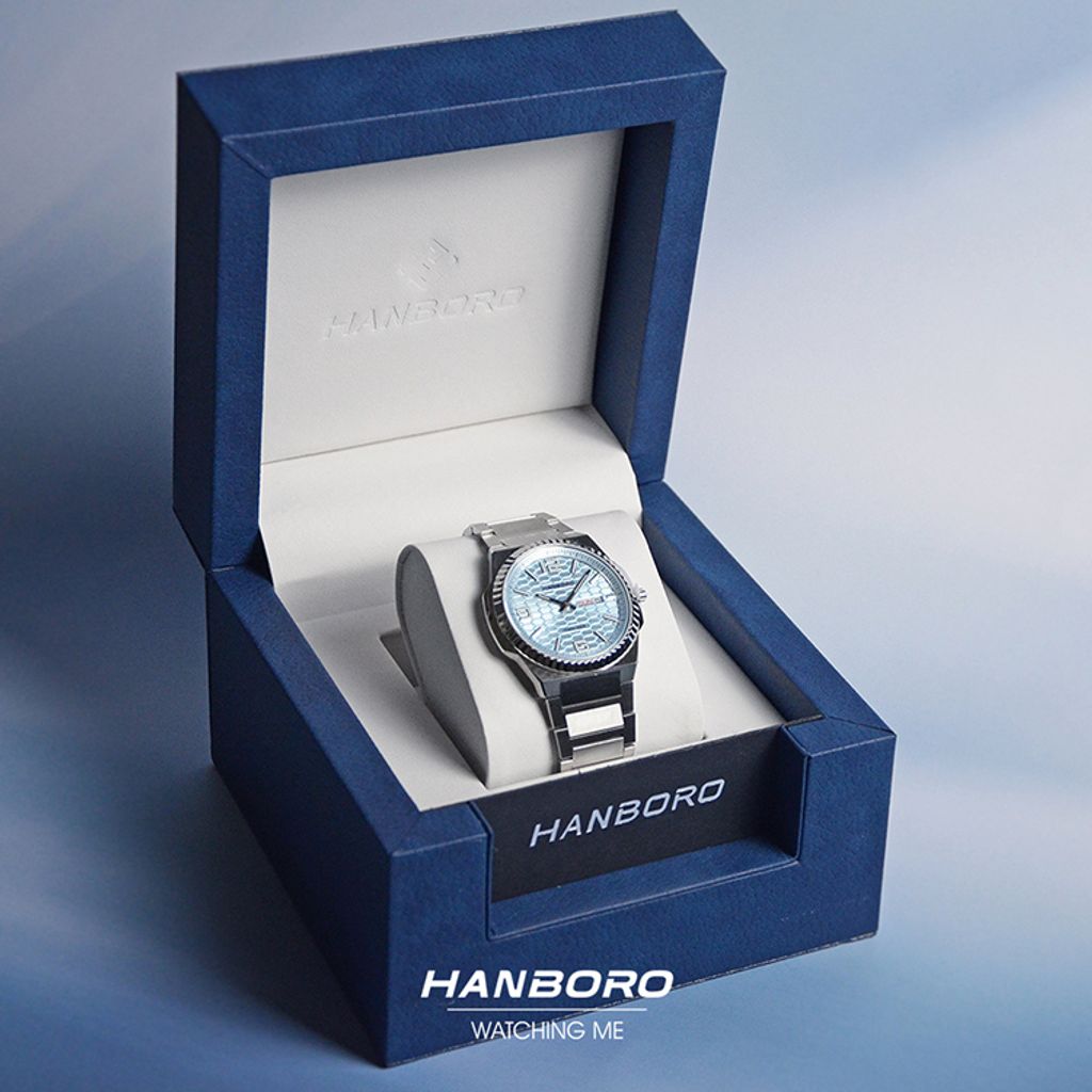 HANBORO | 超薄錶殼系列 014-2SNS | 銀白色八角形錶框 典雅水藍魚鱗紋錶盤 不鏽鋼錶帶 盒裝展示