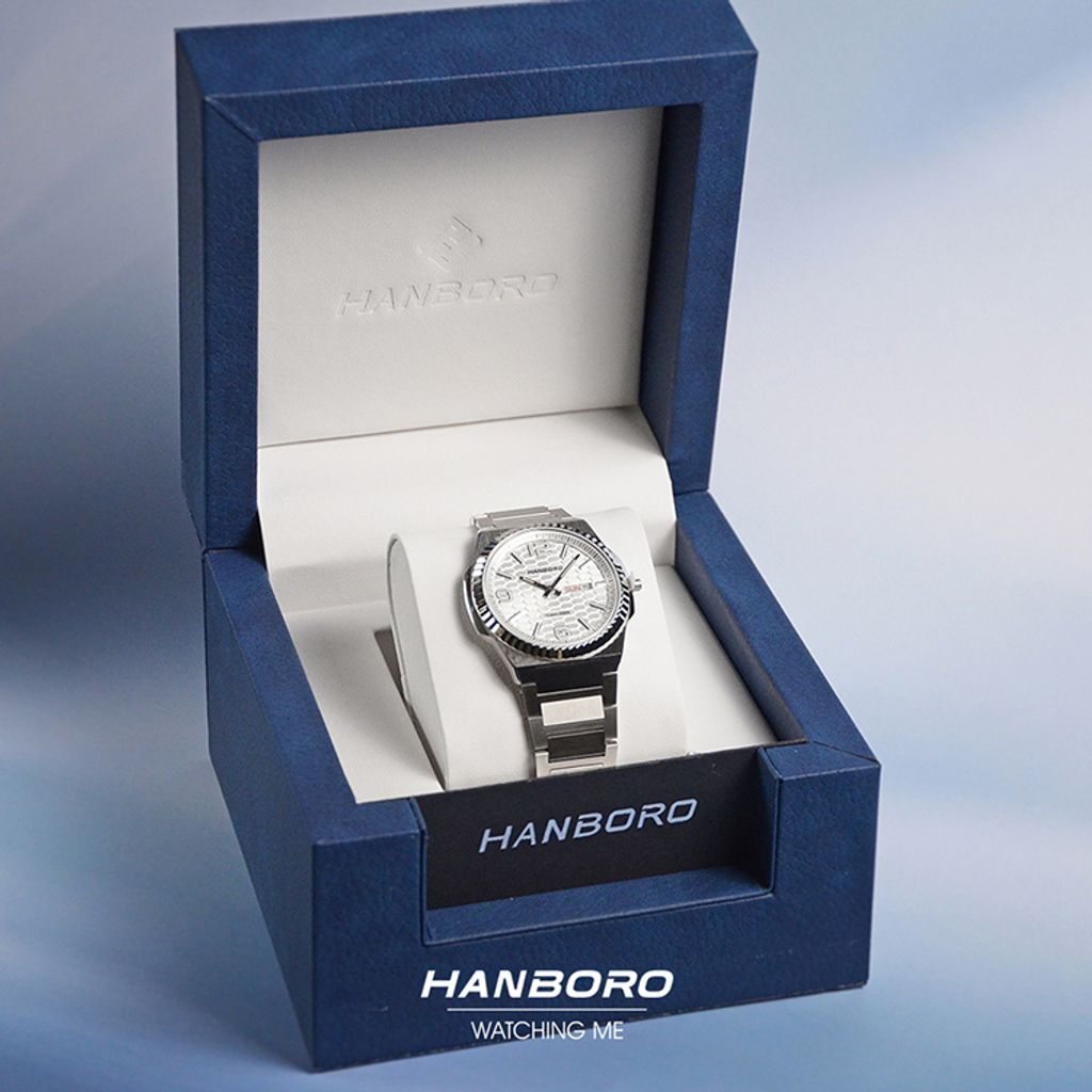 HANBORO | 超薄錶殼系列 014-2SSS | 銀白色八角形錶框 典雅魚鱗紋錶盤 不鏽鋼錶帶 實體盒裝
