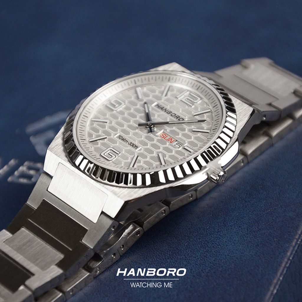 HANBORO | 超薄錶殼系列 014-2SSS | 銀白色八角形錶框 典雅魚鱗紋錶盤 不鏽鋼錶帶 實體右側細節