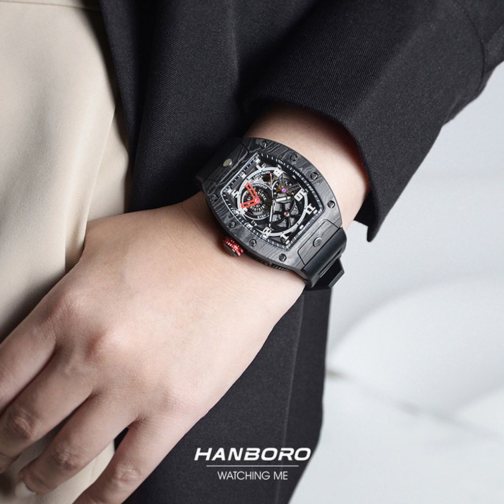 HANBORO | 超跑系列 945-3CFB | 碳纖維 多功能自動 夜光 黑色矽膠錶帶 鏤空設計機械錶 實戴展示