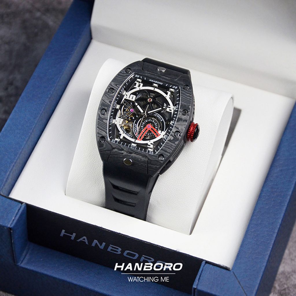 HANBORO | 超跑系列 945-3CFB | 碳纖維 多功能自動 夜光 黑色矽膠錶帶 鏤空設計機械錶 實體參考