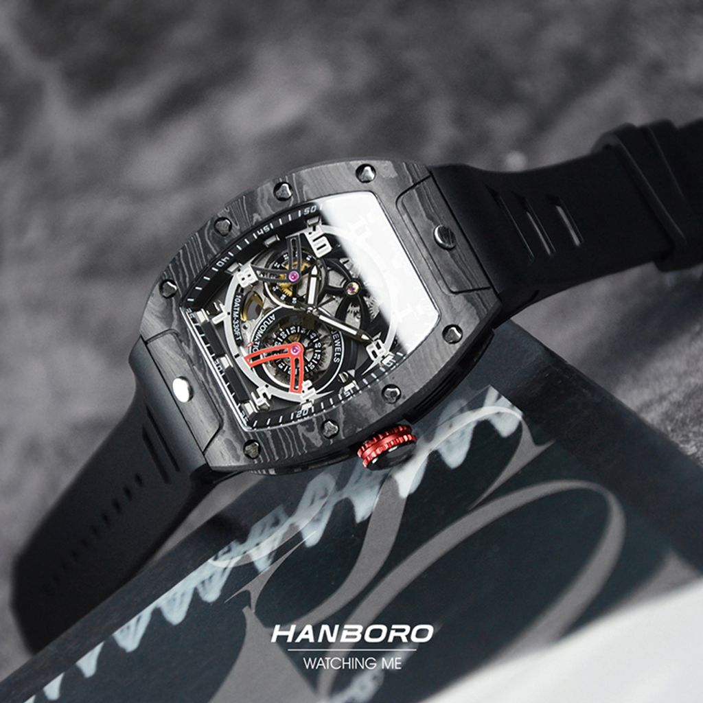 HANBORO | 超跑系列 945-3CFB | 碳纖維 多功能自動 夜光 黑色矽膠錶帶 鏤空設計機械錶 平躺參考