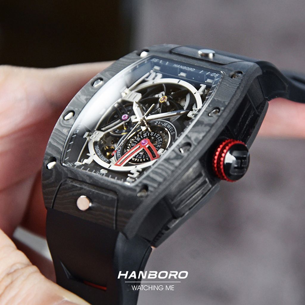 HANBORO | 超跑系列 945-3CFB | 碳纖維 多功能自動 夜光 黑色矽膠錶帶 鏤空設計機械錶 實體錶面細節