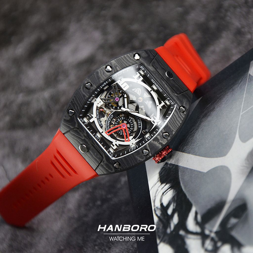 HANBORO | 超跑系列 945-3CFB | 碳纖維 多功能自動 夜光 黑色矽膠錶帶 鏤空設計機械錶 紅色錶帶細節