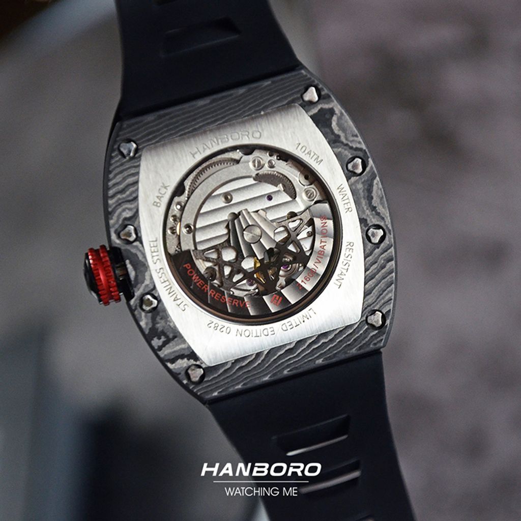 HANBORO | 超跑系列 945-3CFB | 碳纖維 多功能自動 夜光 黑色矽膠錶帶 鏤空設計機械錶 背面細節