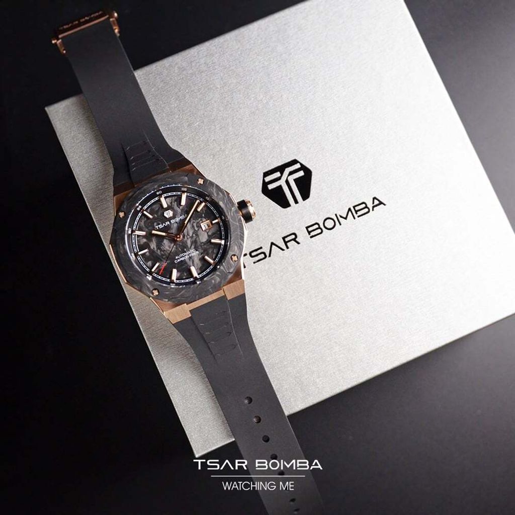 【新品預購】Tsar Bomba 機械公爵 | 原子系列 TB8230-03 | 黑色碳纖維玫瑰金 氟橡膠錶帶 機械錶 實體平攤展示