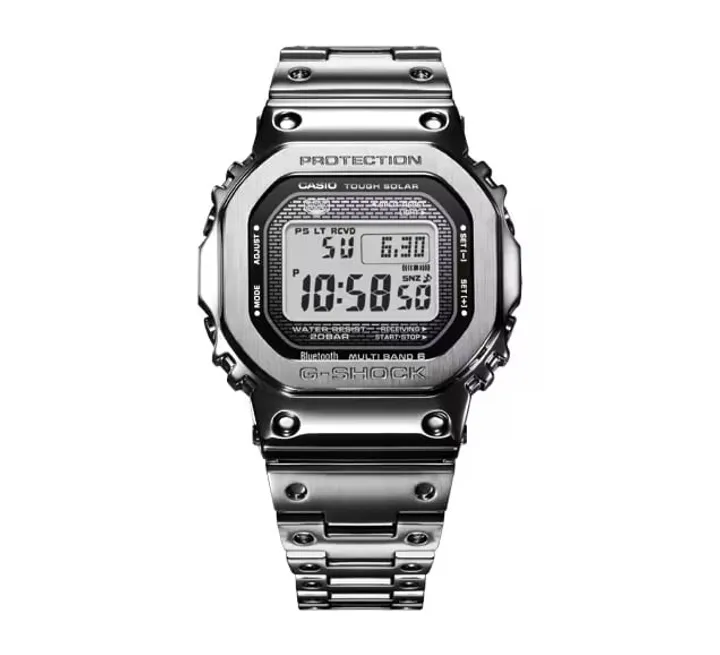 CASIO | G-SHOCK GMW-B5000D-1 | 太陽能 藍芽電波 全金屬 銀色腕錶 正面展示