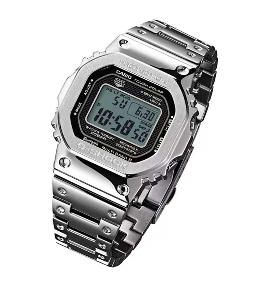 CASIO | G-SHOCK GMW-B5000D-1 | 太陽能 藍芽電波 全金屬 銀色腕錶 錶面細節