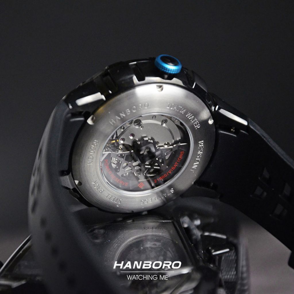 HANBORO | 超跑系列 2005-BBNB | 時來運轉錶盤 全自動 黑藍色夜光機械錶 背面