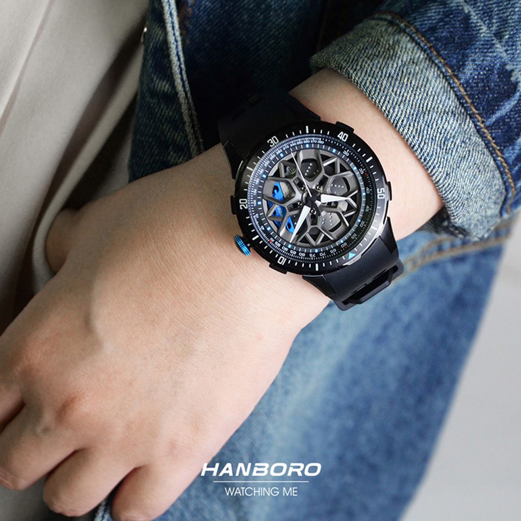HANBORO | 超跑系列 2005-BBNB | 時來運轉錶盤 全自動 黑藍色夜光機械錶  實戴展示