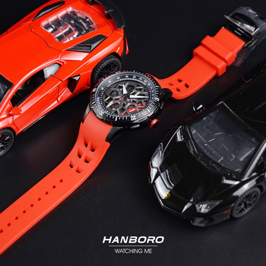 HANBORO | 超跑系列 2005-BBRR | 時來運轉錶盤 全自動 黑色夜光 紅色矽膠錶帶 機械錶 錶帶細節