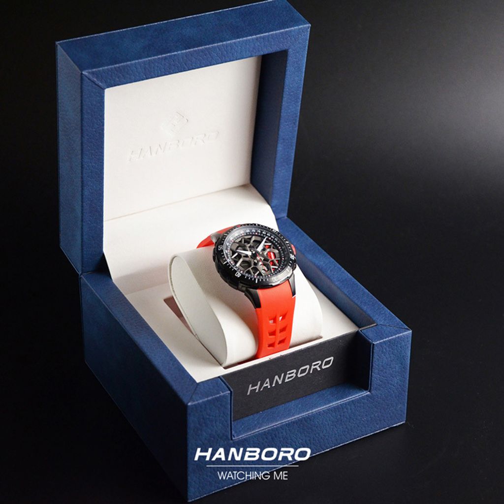 HANBORO | 超跑系列 2005-BBRR | 時來運轉錶盤 全自動 黑色夜光 紅色矽膠錶帶 機械錶  實體盒裝
