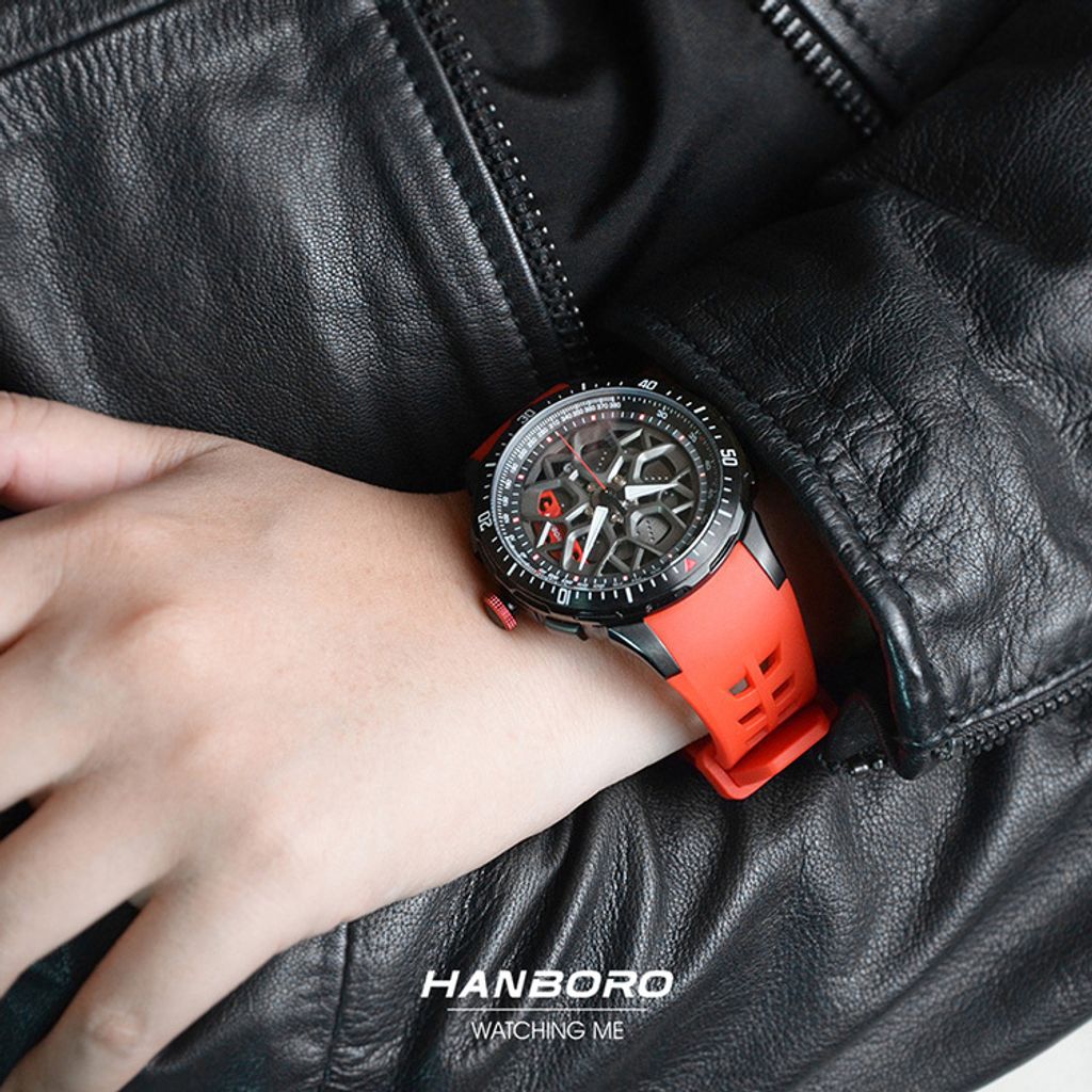 HANBORO | 超跑系列 2005-BBRR | 時來運轉錶盤 全自動 黑色夜光 紅色矽膠錶帶 機械錶  時代展示