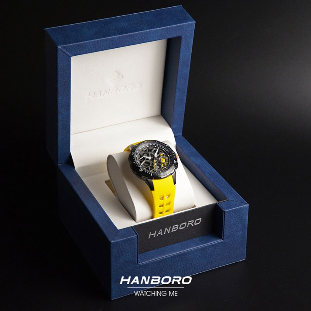 HANBORO | 超跑系列 2005-BBYY | 時來運轉錶盤 全自動 黑色夜光 黃色矽膠錶帶 機械錶 實體盒裝
