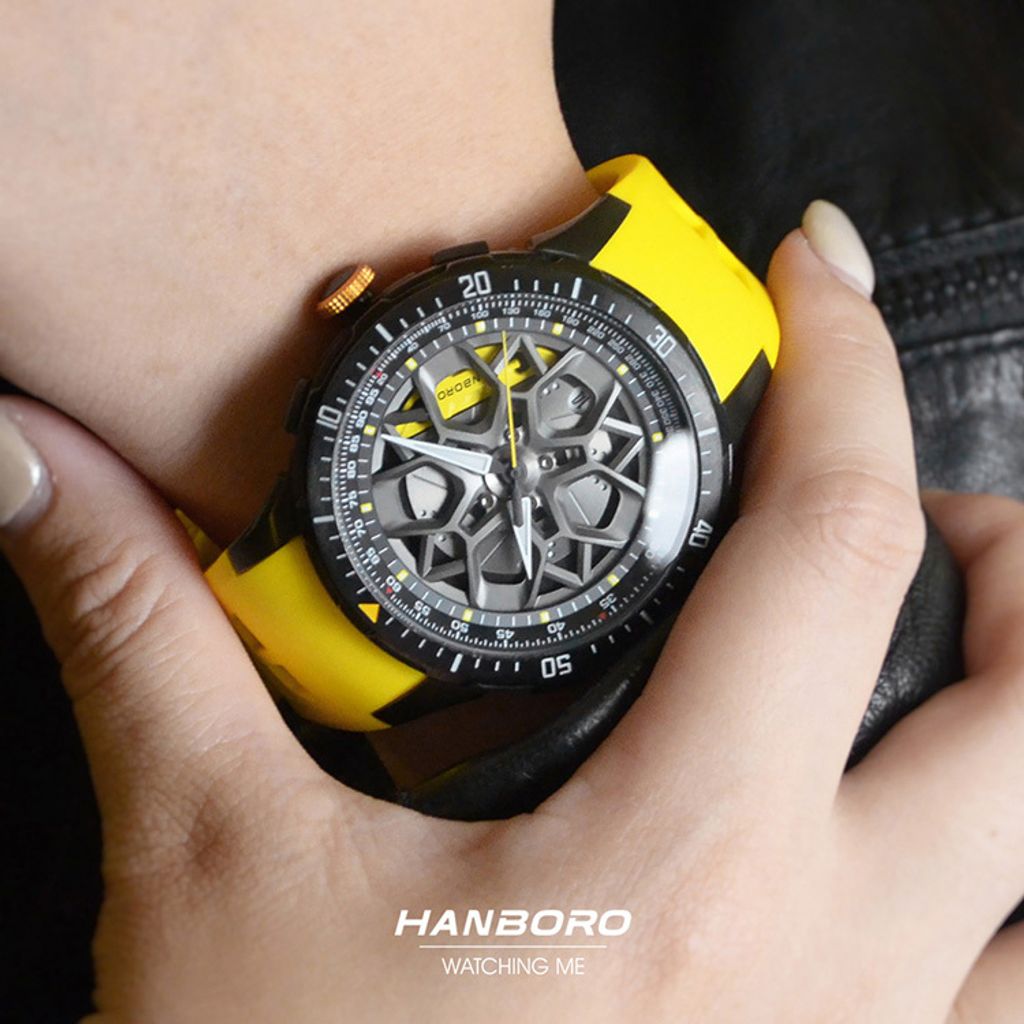 HANBORO | 超跑系列 2005-BBYY | 時來運轉錶盤 全自動 黑色夜光 黃色矽膠錶帶 機械錶 實戴細節
