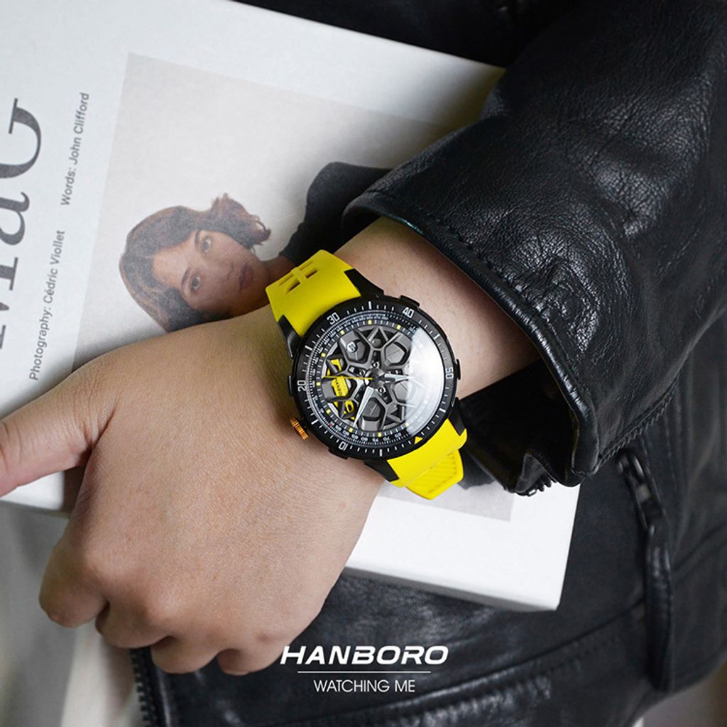 HANBORO | 超跑系列 2005-BBYY | 時來運轉錶盤 全自動 黑色夜光 黃色矽膠錶帶 機械錶 實戴展示