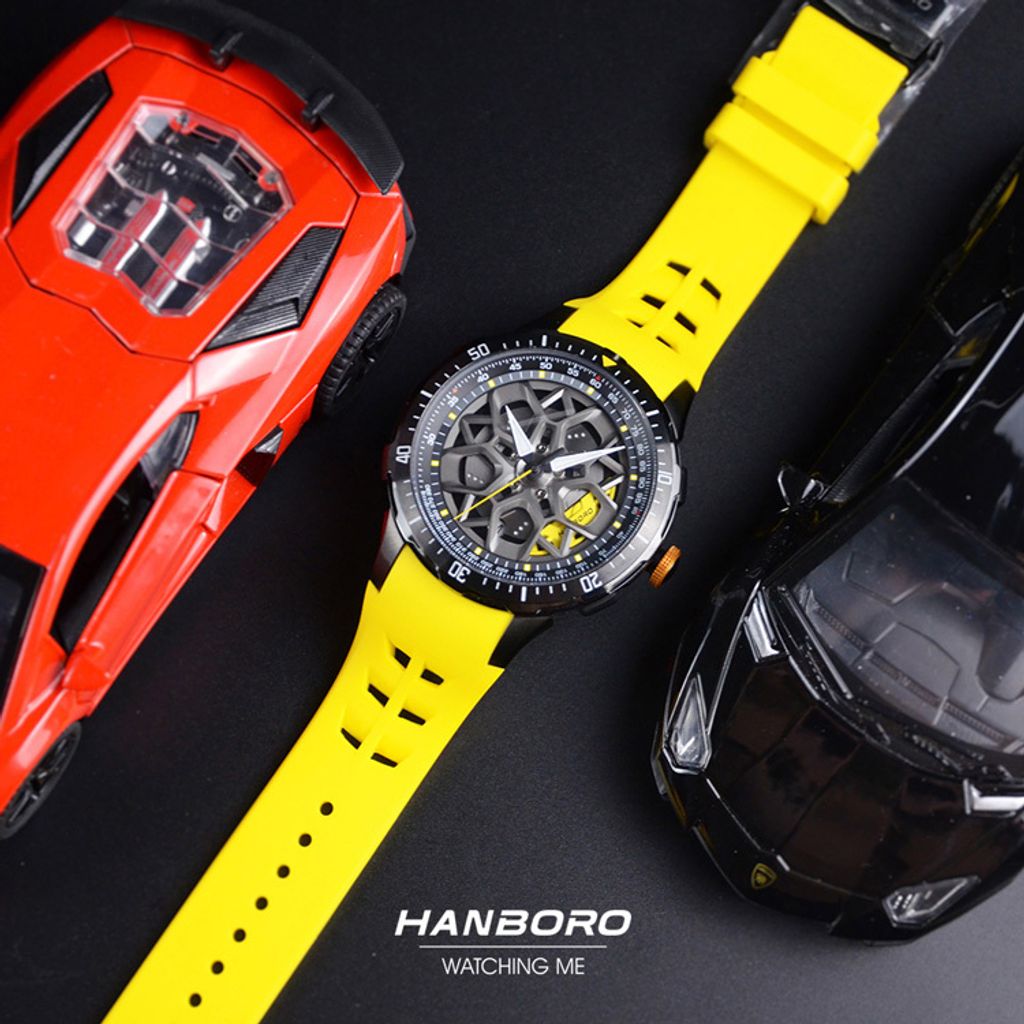 HANBORO | 超跑系列 2005-BBYY | 時來運轉錶盤 全自動 黑色夜光 黃色矽膠錶帶 機械錶 平攤展示