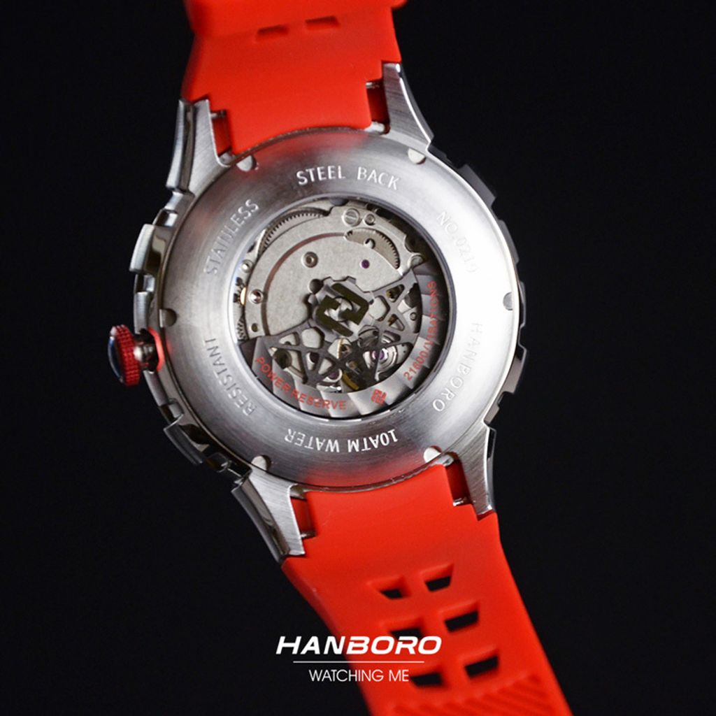 HANBORO | 超跑系列 2005-BSRR | 時來運轉錶盤 全自動 白鋼錶框 夜光 紅色矽膠錶帶 機械錶 背面細節