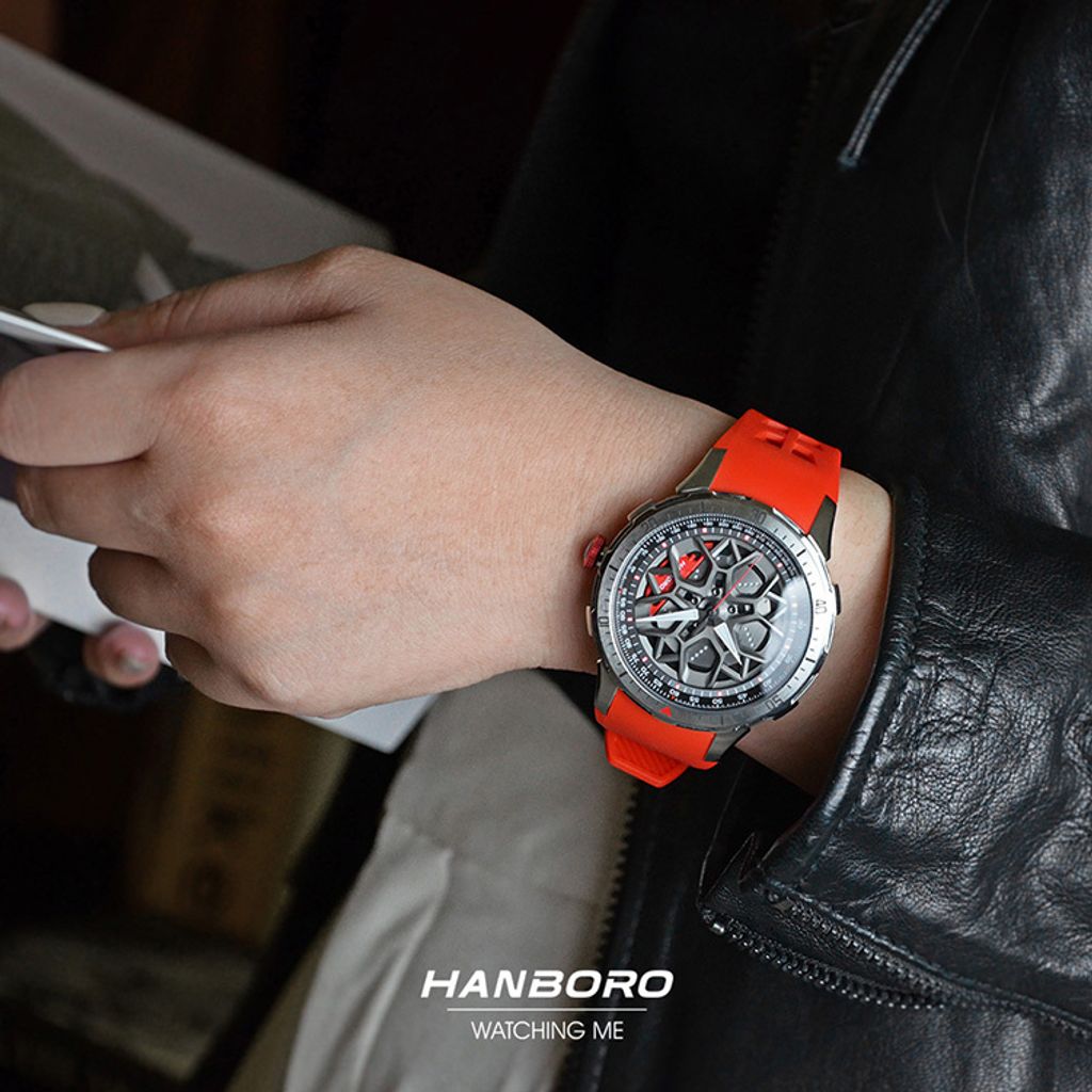 HANBORO | 超跑系列 2005-BSRR | 時來運轉錶盤 全自動 白鋼錶框 夜光 紅色矽膠錶帶 機械錶 實戴參考