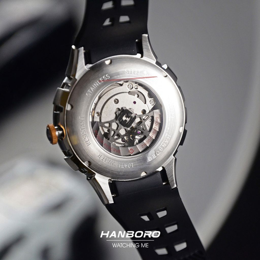 HANBORO | 超跑系列 2005-BSYB | 時來運轉錶盤 全自動 白鋼黃錶框 夜光 黑色矽膠錶帶 機械錶 背面細節