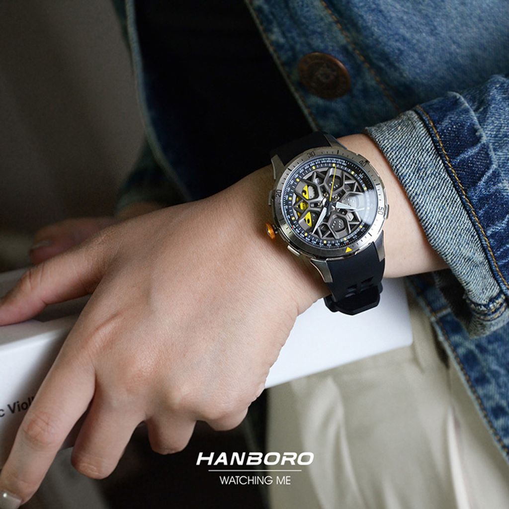 HANBORO | 超跑系列 2005-BSYB | 時來運轉錶盤 全自動 白鋼黃錶框 夜光 黑色矽膠錶帶 機械錶 實戴展示