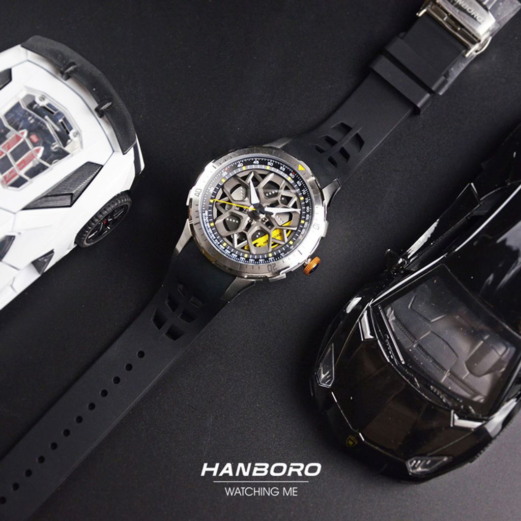 HANBORO | 超跑系列 2005-BSYB | 時來運轉錶盤 全自動 白鋼黃錶框 夜光 黑色矽膠錶帶 機械錶 平攤展示