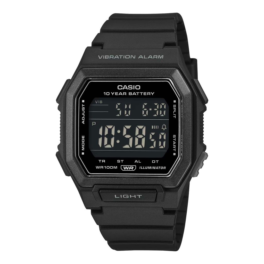 CASIO | W-738H-1BV | 2026新品 全黑 震動鬧鐘 方形電子錶 正側面