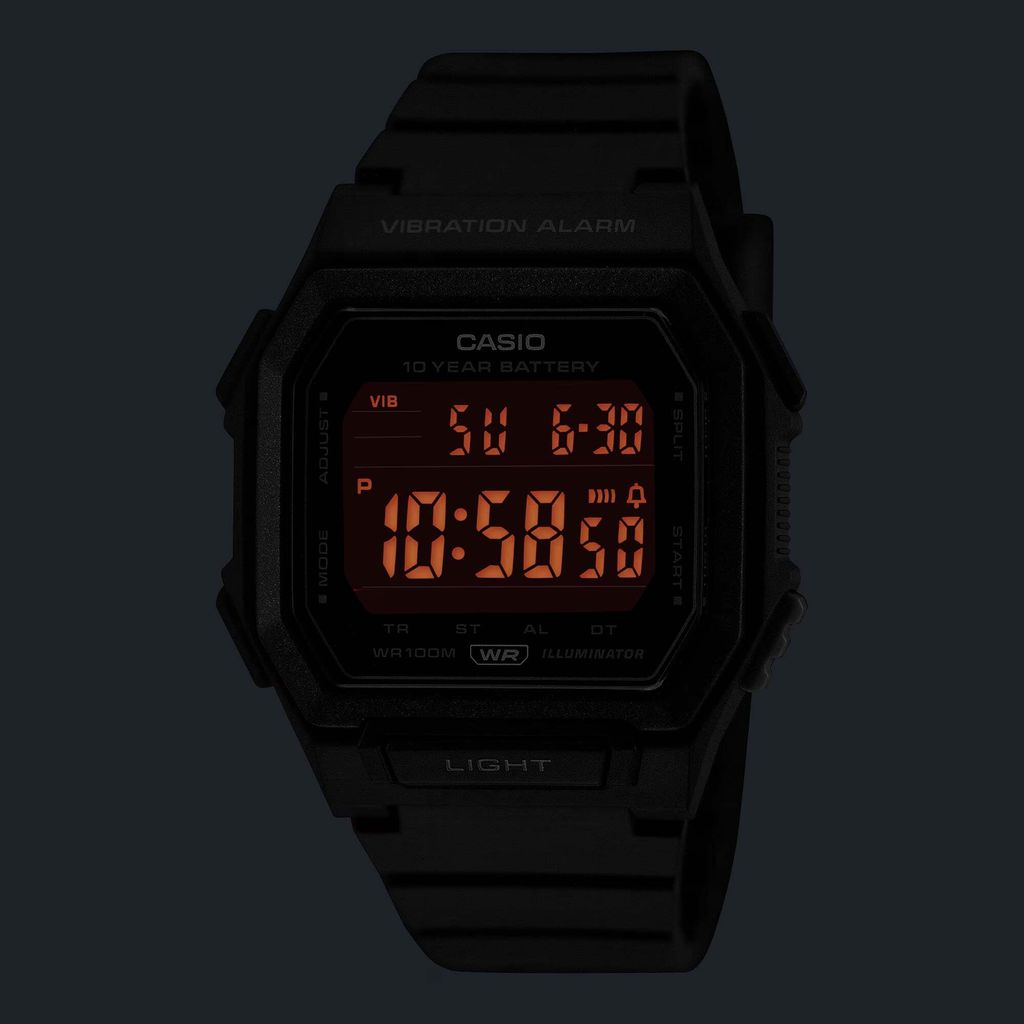 CASIO | W-738H-1BV | 2026新品 全黑 震動鬧鐘 方形電子錶 led示意圖