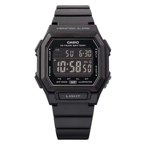 CASIO | W-738H-1BV | 2026新品 全黑 震動鬧鐘 方形電子錶 正面
