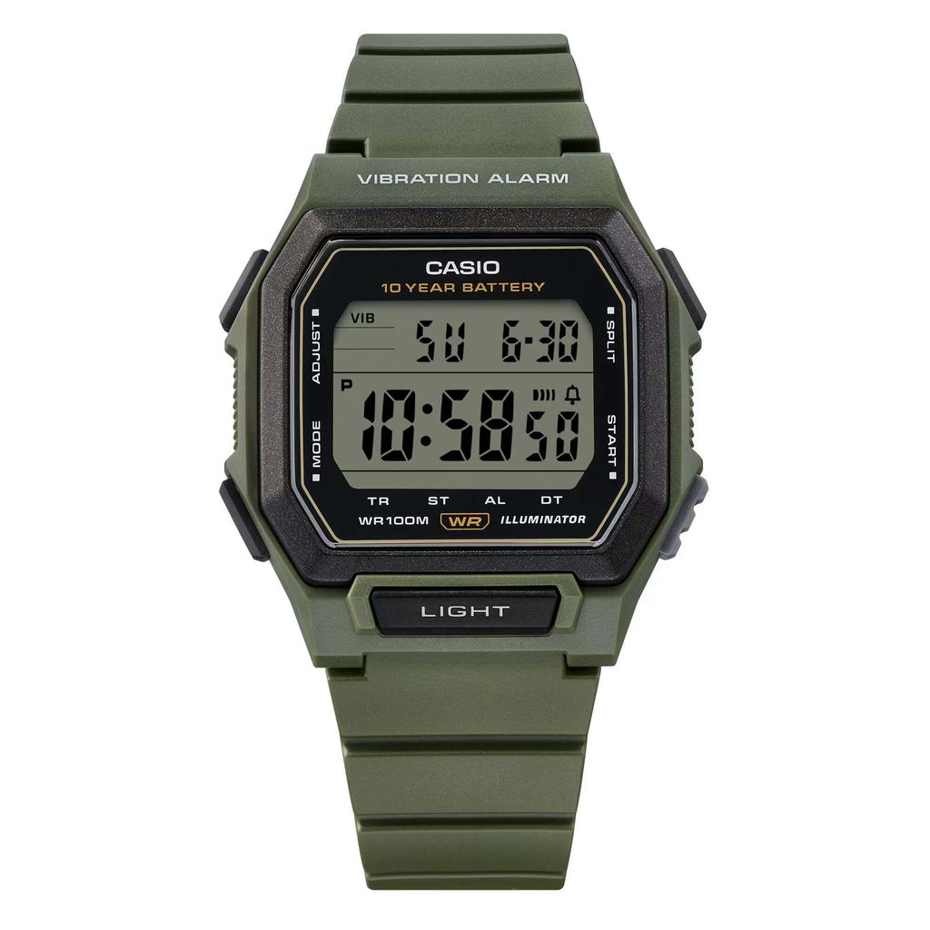 CASIO | W-738H-3AV | 2026新品 墨綠 震動鬧鐘 方形電子錶 正面