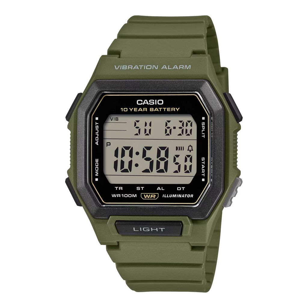 CASIO | W-738H-3AV | 2026新品 墨綠 震動鬧鐘 方形電子錶 正側面