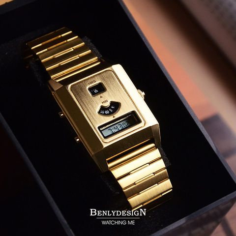 Benlydesign ｜C-0PO-G ｜ 金色科技復古款 LCD多功能雙時區 不鏽鋼電子錶 實體盒裝