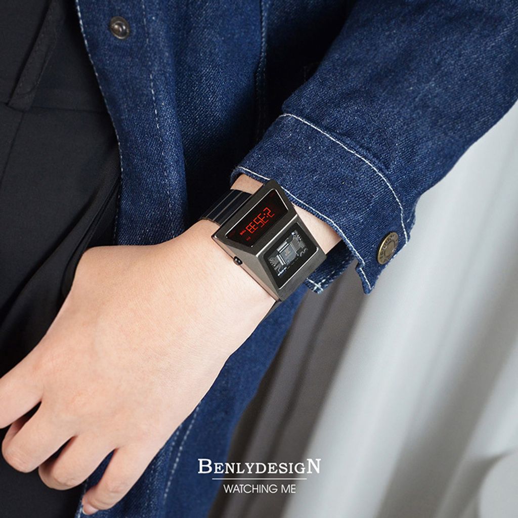 Benlydesign ｜CYBER WATCH S3000型 S3000GA-C-RED｜鐵灰色款紅字款  多功能OLED顯示器 不鏽鋼錶帶電子錶 實戴展示