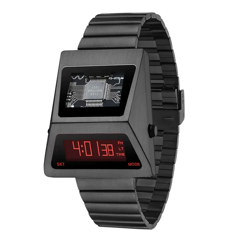 Benlydesign ｜CYBER WATCH S3000型 S3000GA-C-RED｜鐵灰色款紅字款  多功能OLED顯示器 不鏽鋼錶帶電子錶 正面