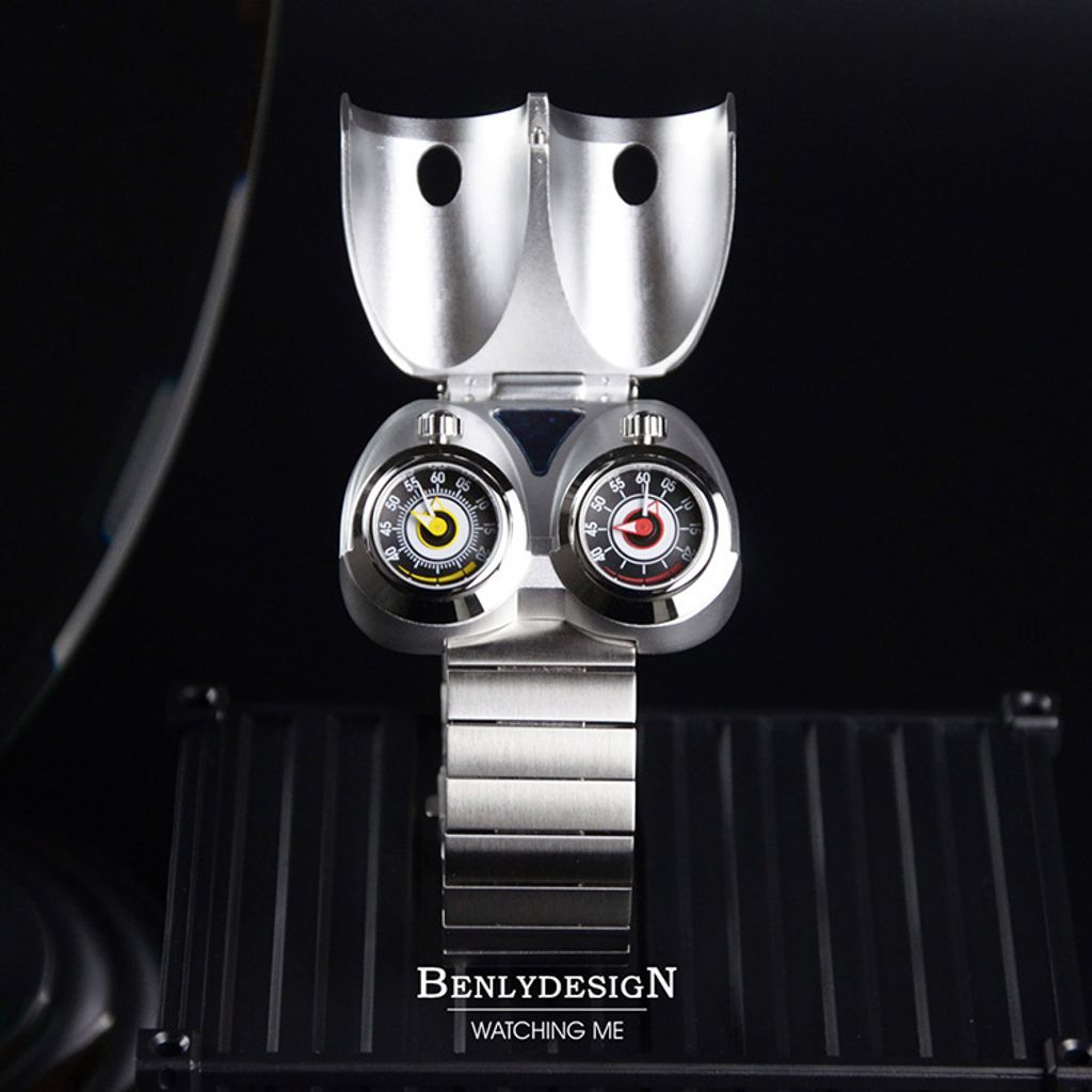Benlydesign | M4.SS | 競速 紅+黃渦輪錶盤 銀色不鏽鋼 石英錶 掀蓋展示