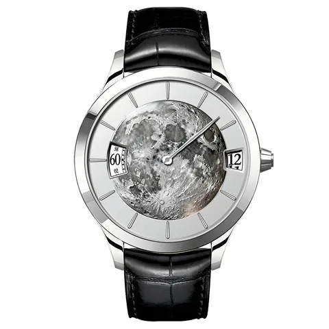 Benlydesign | 星球旅行者系列 PT-S | 月球造型面盤 時間視窗顯示 單秒針 黑色皮革錶帶腕錶 正面