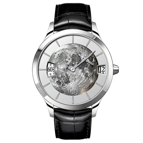Benlydesign | 星球旅行者系列 PT-S | 月球造型面盤 時間視窗顯示 單秒針 黑色皮革錶帶腕錶 正面