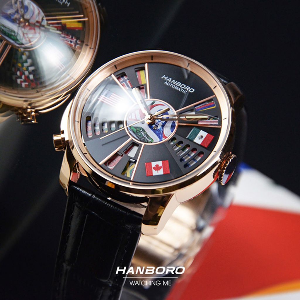 【新品到貨 | 世界盃限定】 HANBORO | 1032-RB | 2026新品 世界盃限量男士 玫瑰金機械錶 黑色皮革錶帶 正右側