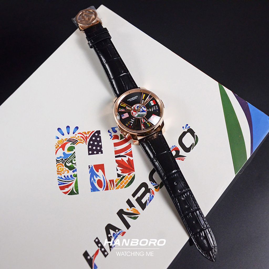 【新品到貨 | 世界盃限定】 HANBORO | 1032-RB | 2026新品 世界盃限量男士 玫瑰金機械錶 黑色皮革錶帶 實體平攤展示
