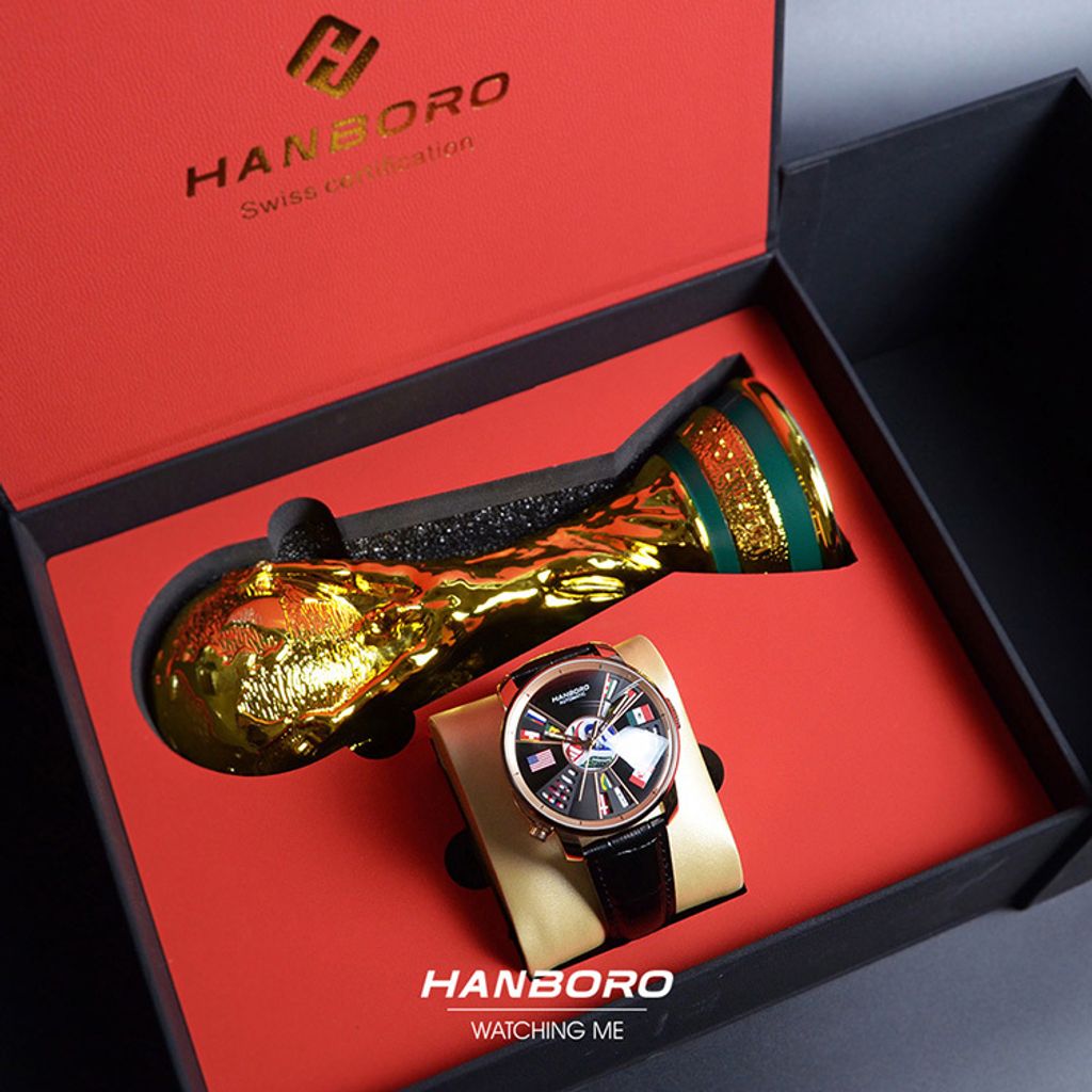 【新品到貨 | 世界盃限定】 HANBORO | 1032-RB | 2026新品 世界盃限量男士 玫瑰金機械錶 黑色皮革錶帶 盒裝展示