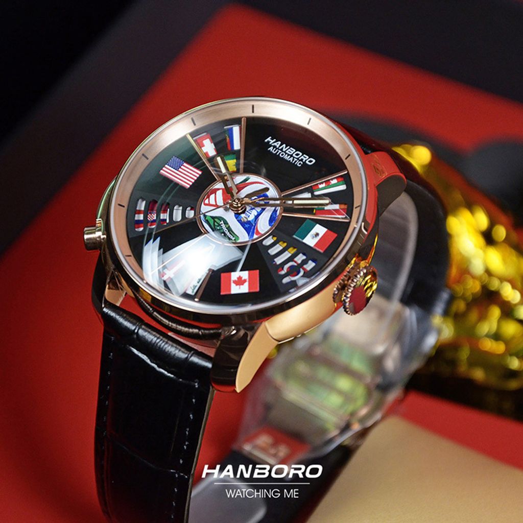 【新品到貨 | 世界盃限定】 HANBORO | 1032-RB | 2026新品 世界盃限量男士 玫瑰金機械錶 黑色皮革錶帶 錶面細節