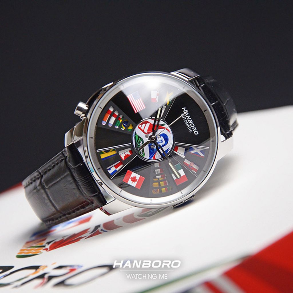 【新品到貨 | 世界盃限定】 HANBORO | 1032-WB | 2026新品 世界盃限量男士 銀色機械錶 黑色皮革錶帶 實體錶面細節